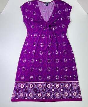 Chaps Women Dress Berry Blue Purple White Patterned Petite Elegant Casual